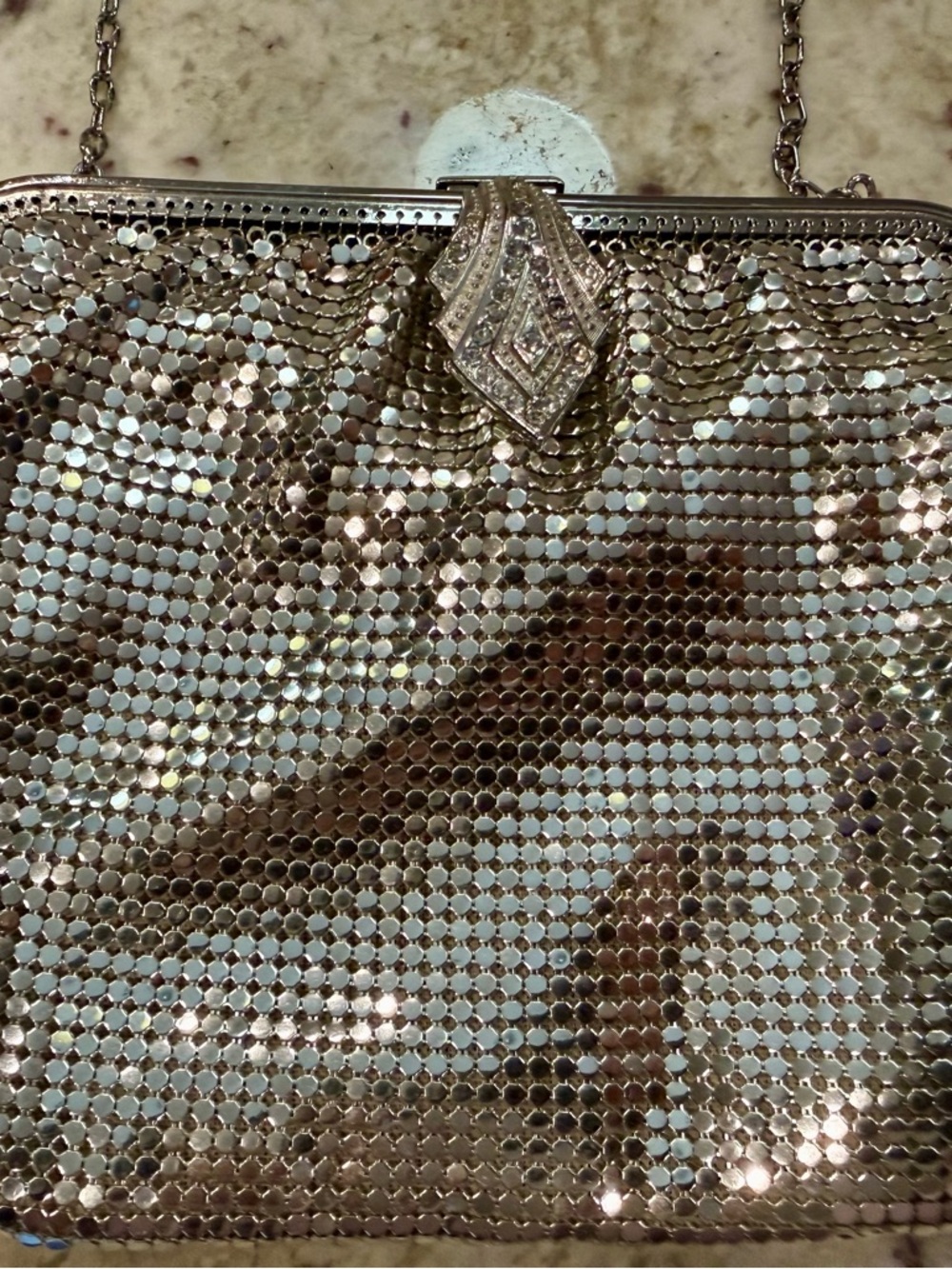 Whiting and Davis Elegant Silver Mesh Evening Bag with Crystal Accent